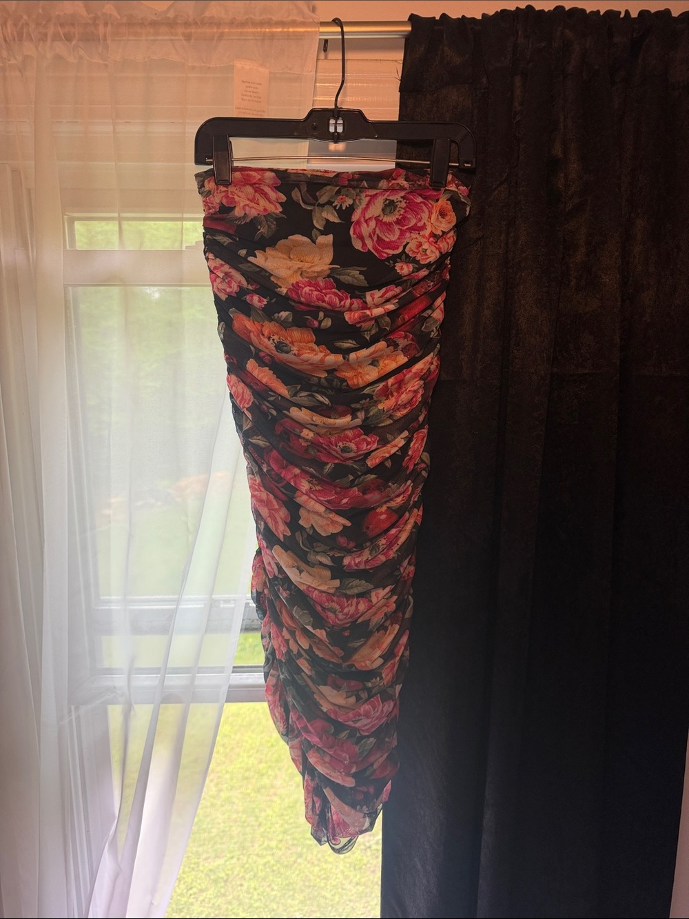 Express Ruched Floral Midi Dress in Black with Pink, Orange & Yellow Roses